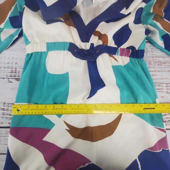 Yumi Kim Multicolor Abstract 100% Silk Dress S Plunge VNeck 3/4 Sleeve Geo Print - Picture 13 of 15